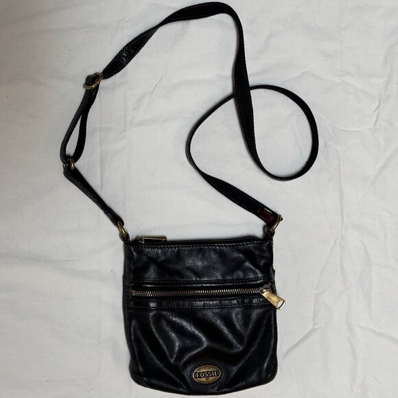 Black Leather Aged Metal Hardware Fossil Crossbody Small Petite - Picture 1 of 11